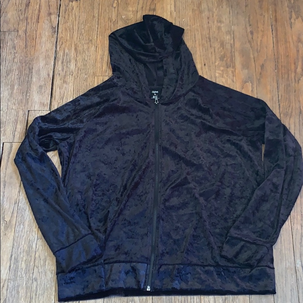 Velvet like material black zip up hoodie